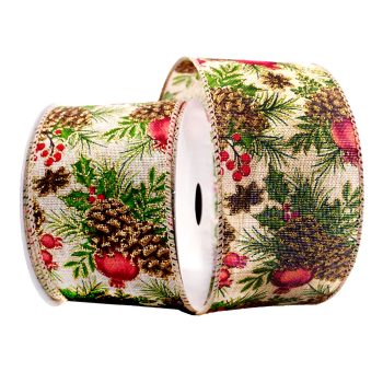 WIRED RIBBON 2.5"x10 YDS. CREAM W/ EVERGREENS & PINECONES