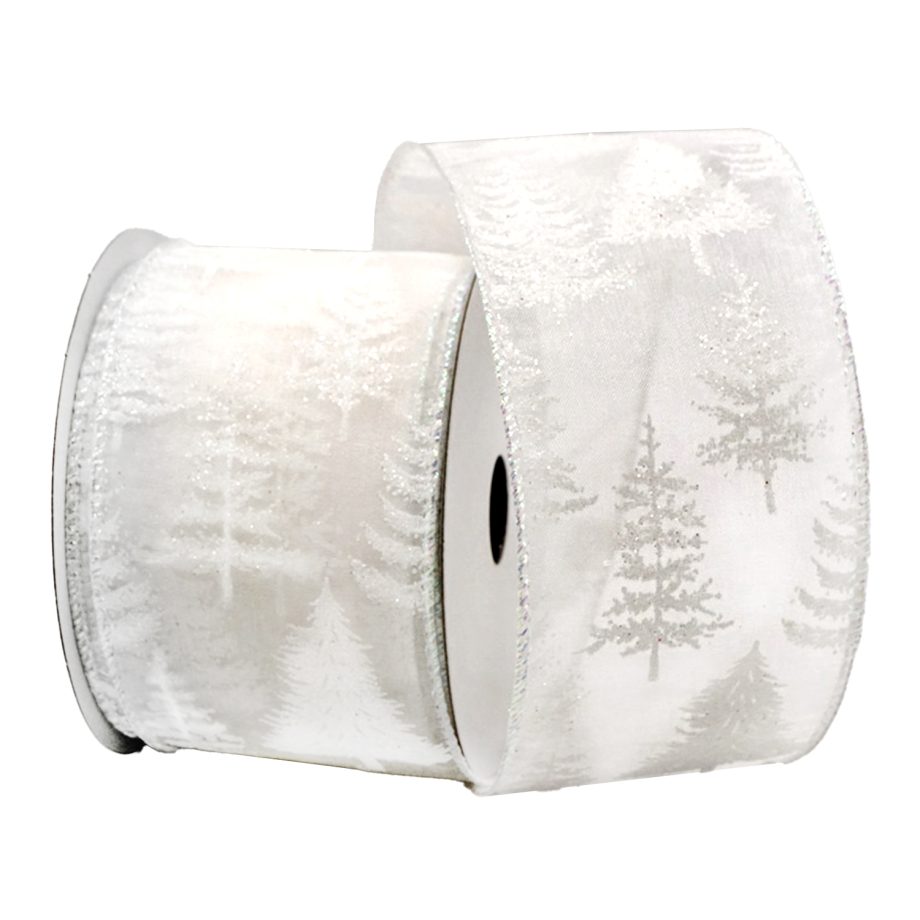 WIRED RIBBON 2.5"x10 YDS. WHITE SHEER W/ TREES