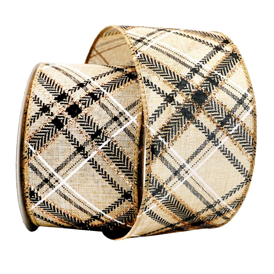 WIRED RIBBON 2.5"x10 YDS. NATURAL W/ BLACK CHAMPANGE PATTERNS