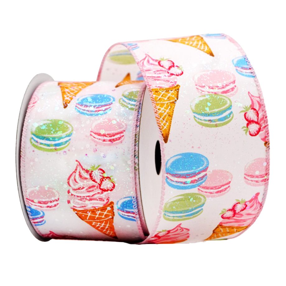 WIRED RIBBON 2.5"x10 YDS. WHITE/PINK W/ MULTI MACAROONS & ICE CREAM