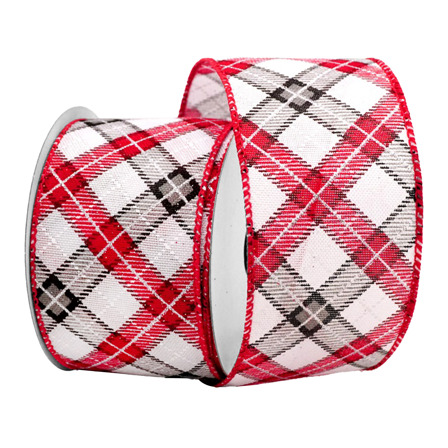WIRED RIBBON 2.5"x10 YDS. WHITE/RED/BLACK W/ LATTICE