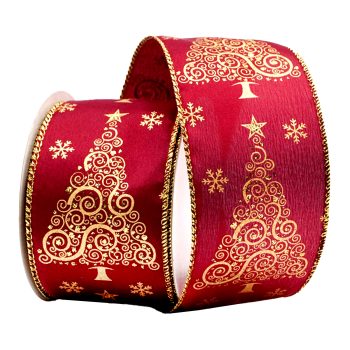 WIRED RIBBON 2.5"x10 YDS. BURGUNDY W/ SWIRLY/CURLY TREES