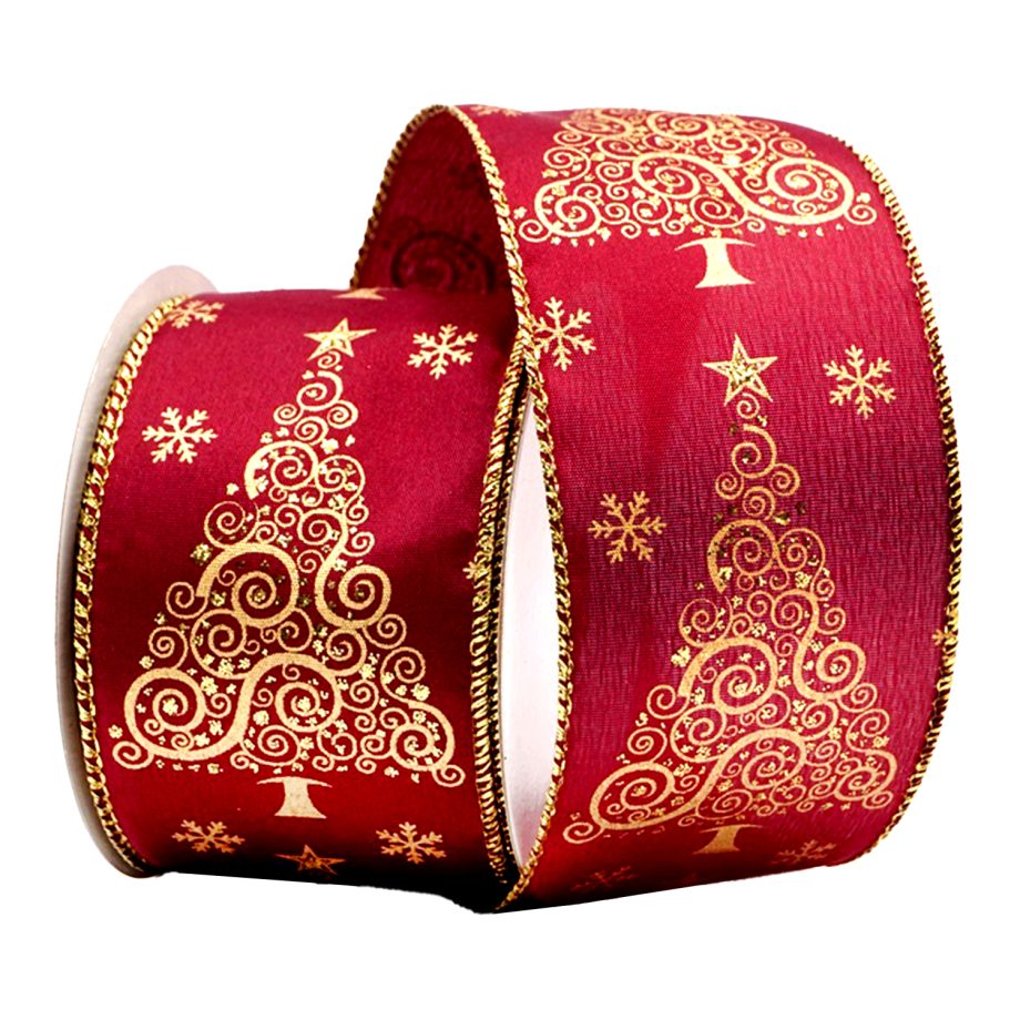 WIRED RIBBON 2.5"x10 YDS. BURGUNDY W/ SWIRLY/CURLY TREES