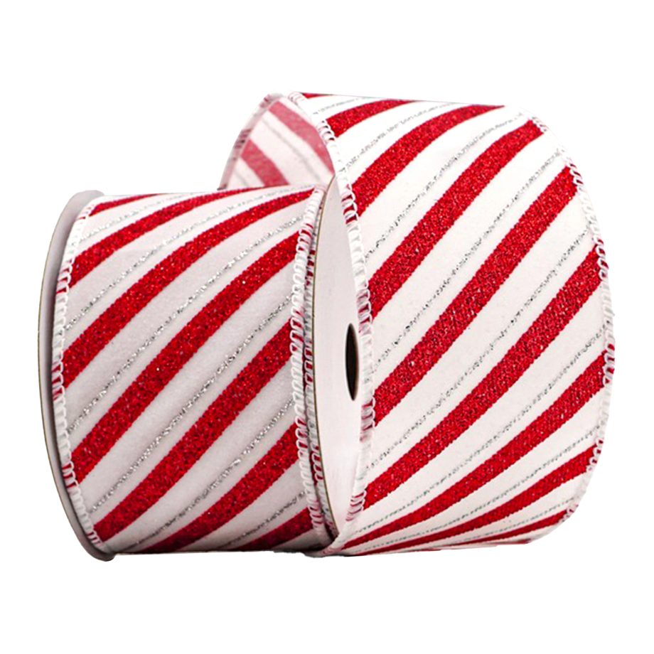WIRED RIBBON 2.5"x10 YDS. WHITE/RED/SILVER W/ DIAGONAL STRIPES
