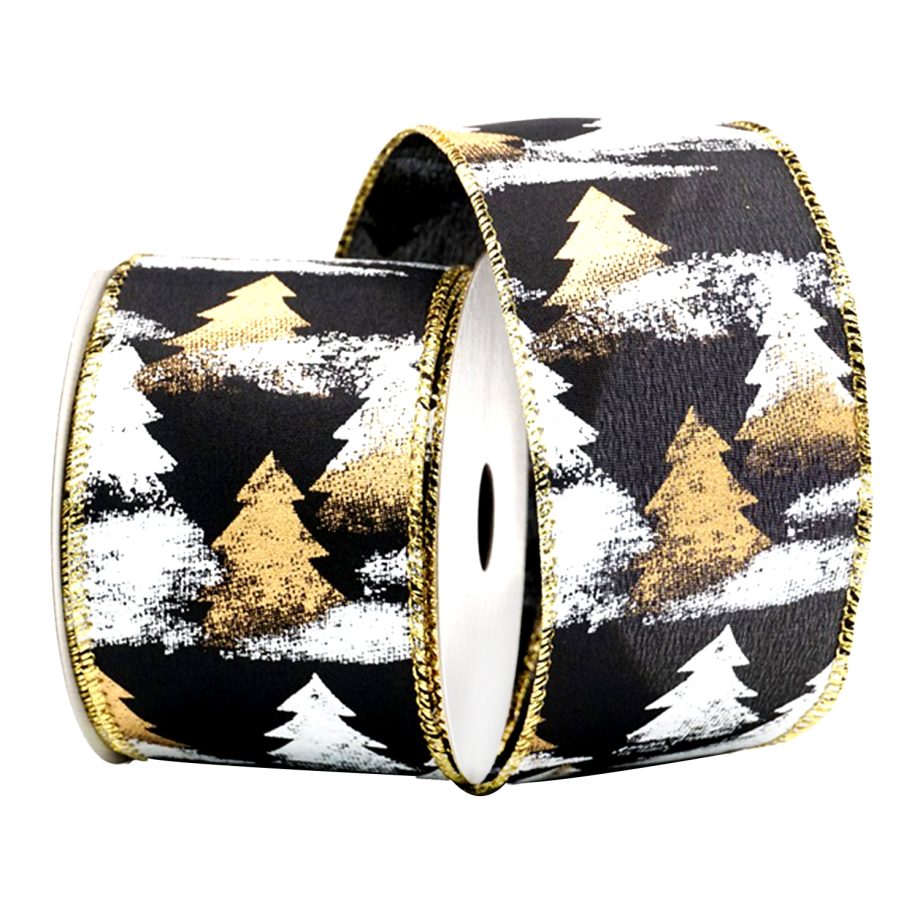 WIRED RIBBON 2.5"x10 YDS. BLACK W/ WHITE/GOLD TREES