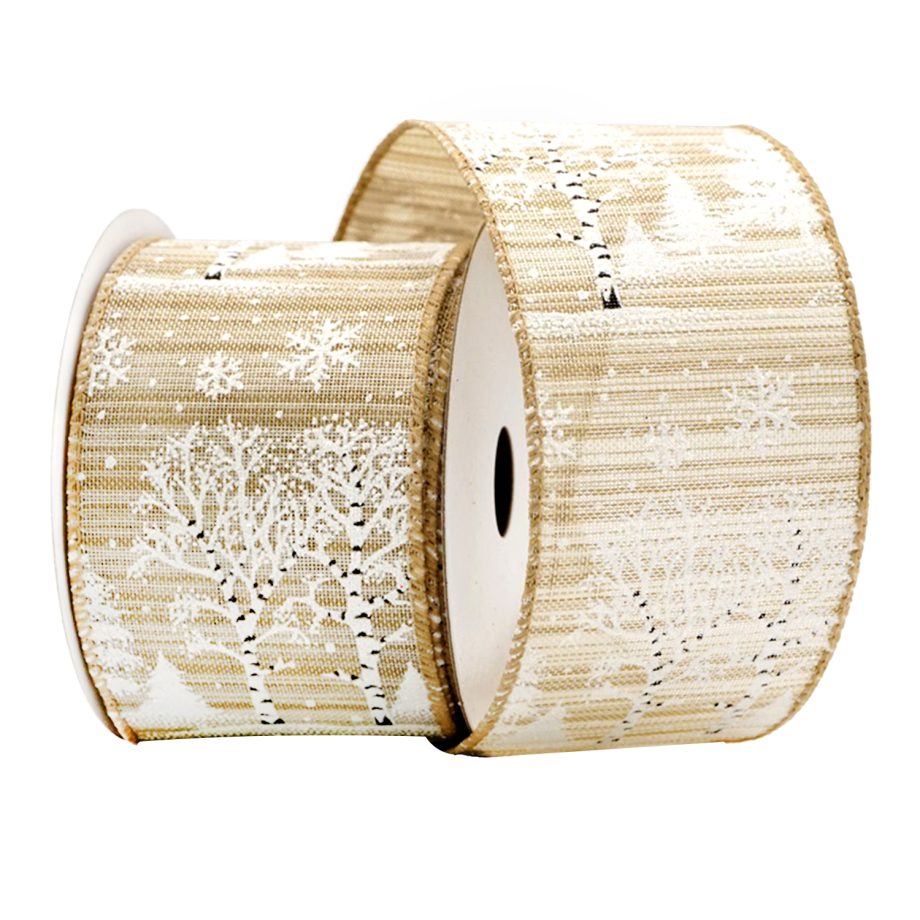 WIRED RIBBON 2.5"x10 YDS. NATURAL W/ WHITE TREES