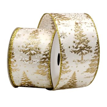 WIRED RIBBON 2.5"x10 YDS. IVORY W/ CHAMPANGE TREES