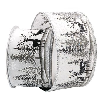 WIRED RIBBON 2.5"x10 YDS. WHITE W/ BLACK WHITE REINDEERS & TREES