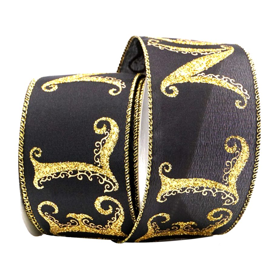 WIRED RIBBON 2.5"x10 YDS. BLACK W/ GOLD "NOEL"