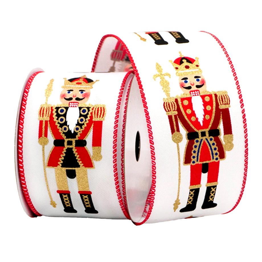 WIRED RIBBON 2.5"x10 YDS. WHITE W/ NUTCRACKER