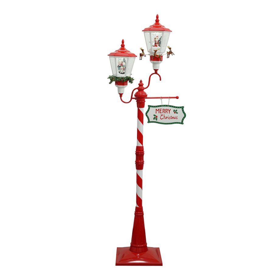 FLOOR RETRO DOUBLE LANTERN WITH SNOWMAN, SANTA & ROTATING REINDEER SNOWING SCENE 77"