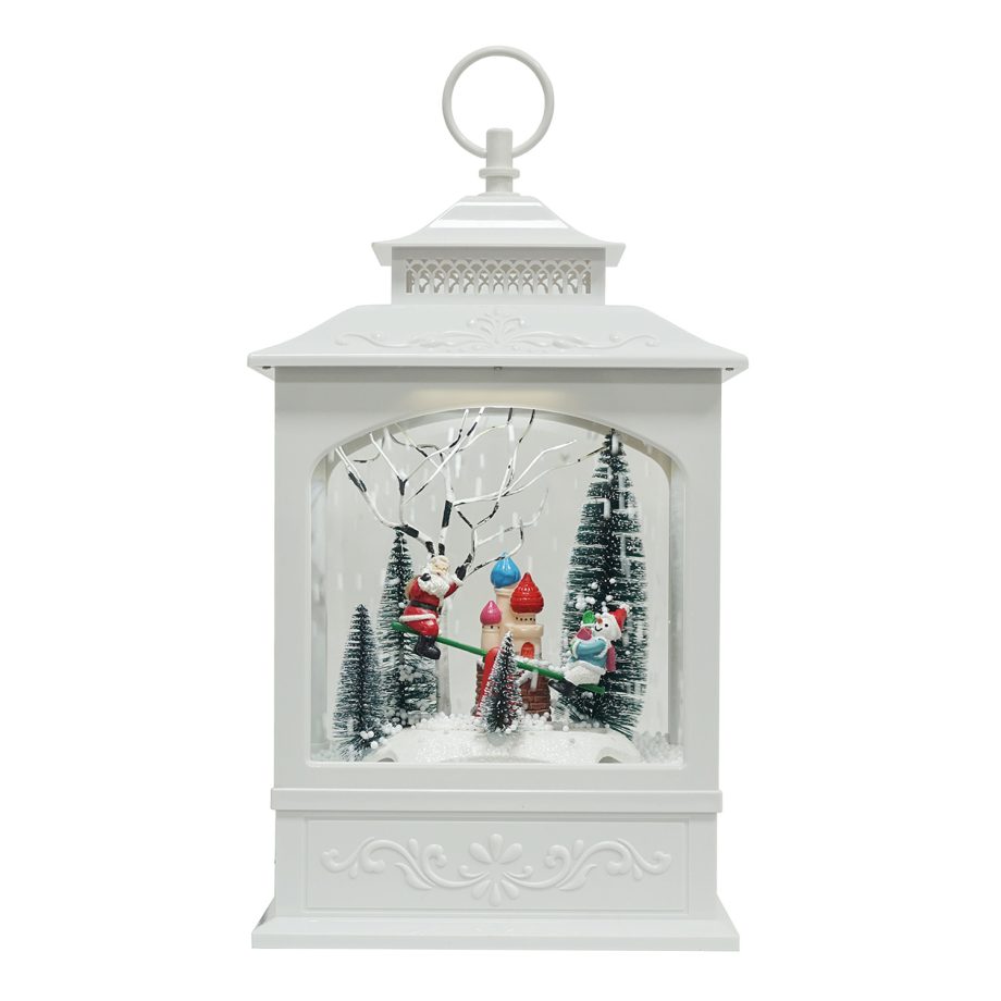 RETRO LANTERN WITH SANTA & SNOWMAN SEE-SAW SNOWING SCENE 17"