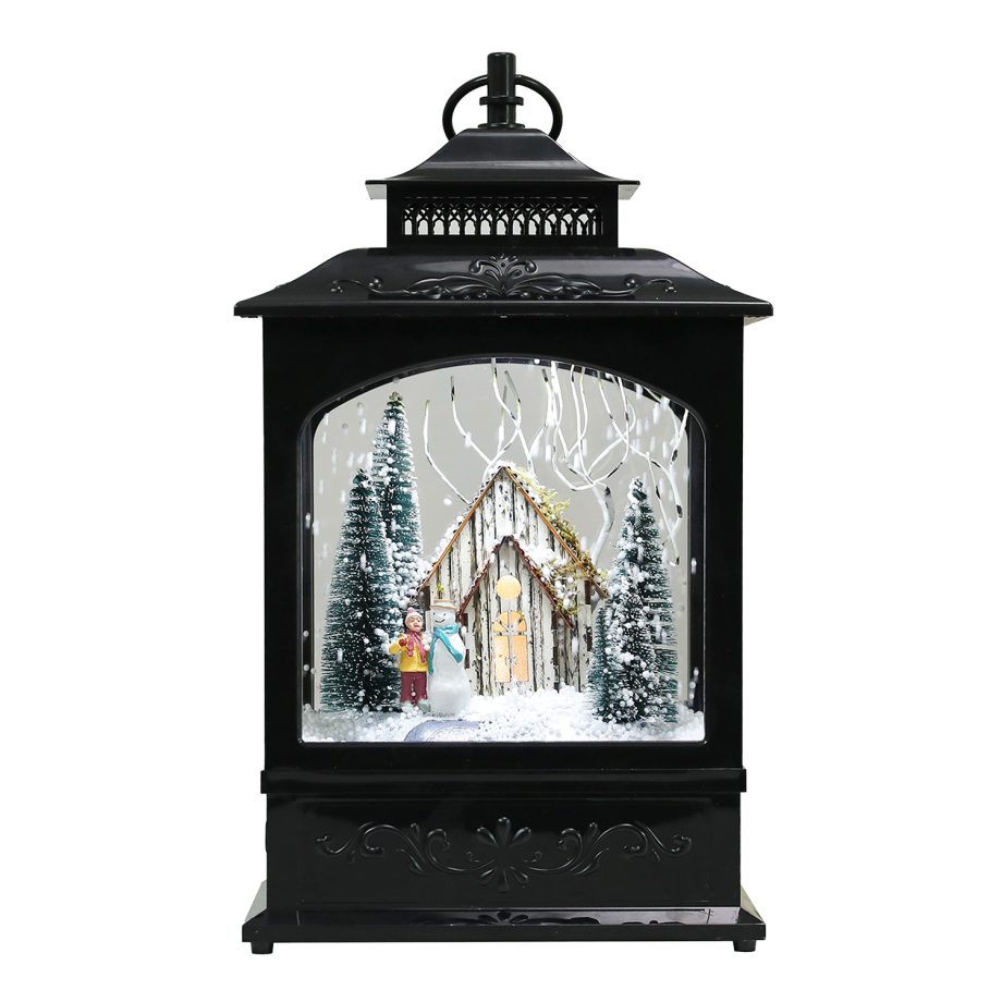 RETRO LANTERN WITH CABIN SNOWING SCENE 17"