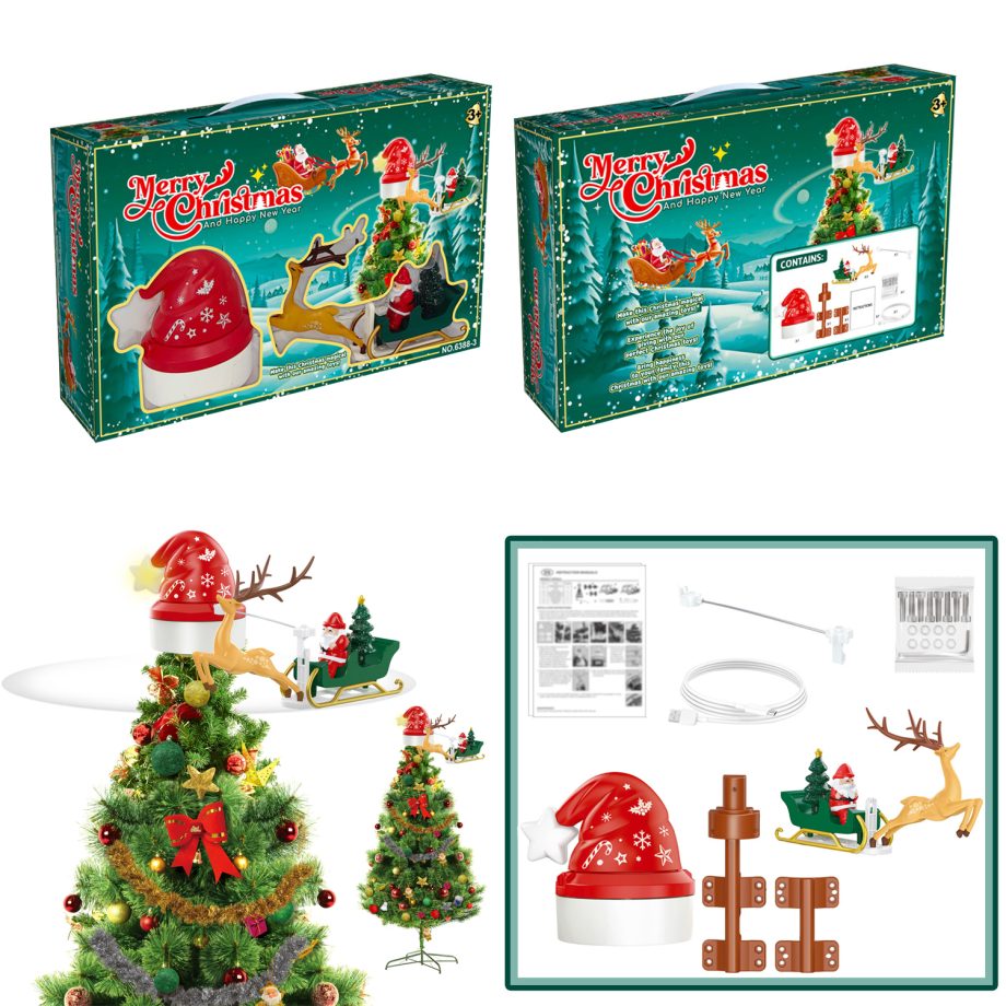 TREE TOPPER - ROTATING SLEIGH 7PCS W/MOVEMENT, LIGHTS & MUSIC B/O 15"x8.5"x11.5"