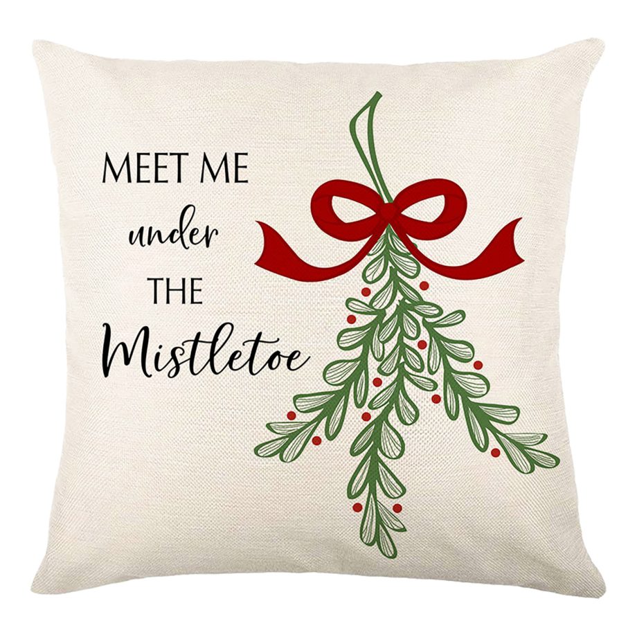 CUSHION DECORATIVE 16"x16" MISTLETOE IVORY/RED/GREEN