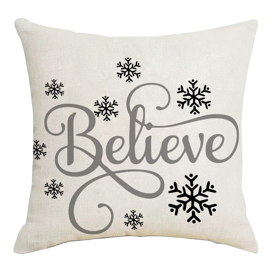 CUSHION DECORATIVE 16"x16" "BELIEVE" IVORY/GRAY
