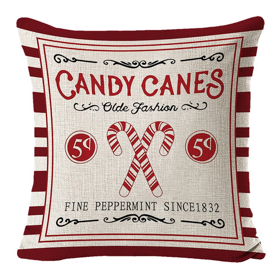 CUSHION DECORATIVE 16"x16" "CANDY CANES" IVORY/RED