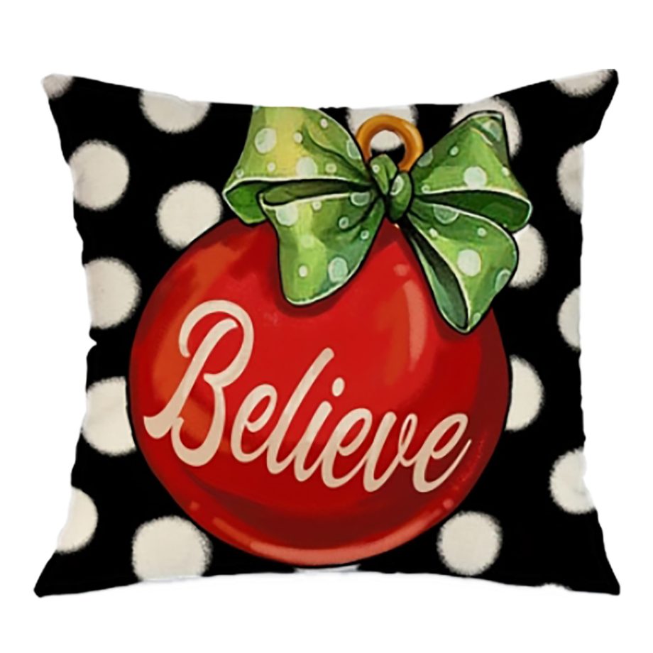 CUSHION DECORATIVE 16"x16" "BELIEVE" BLACK/RED/GREEN