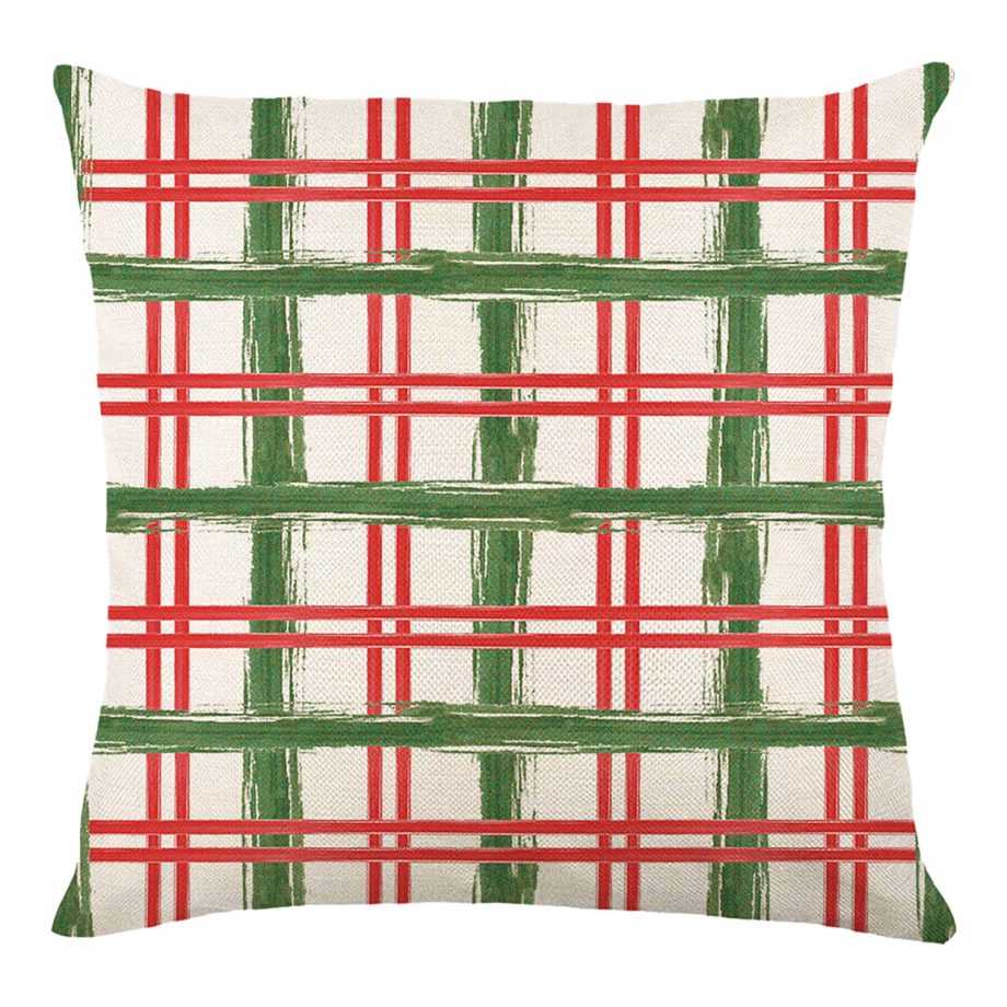 CUSHION DECORATIVE 16"x16" CHECKERED PRINT IVORY/RED/GREEN