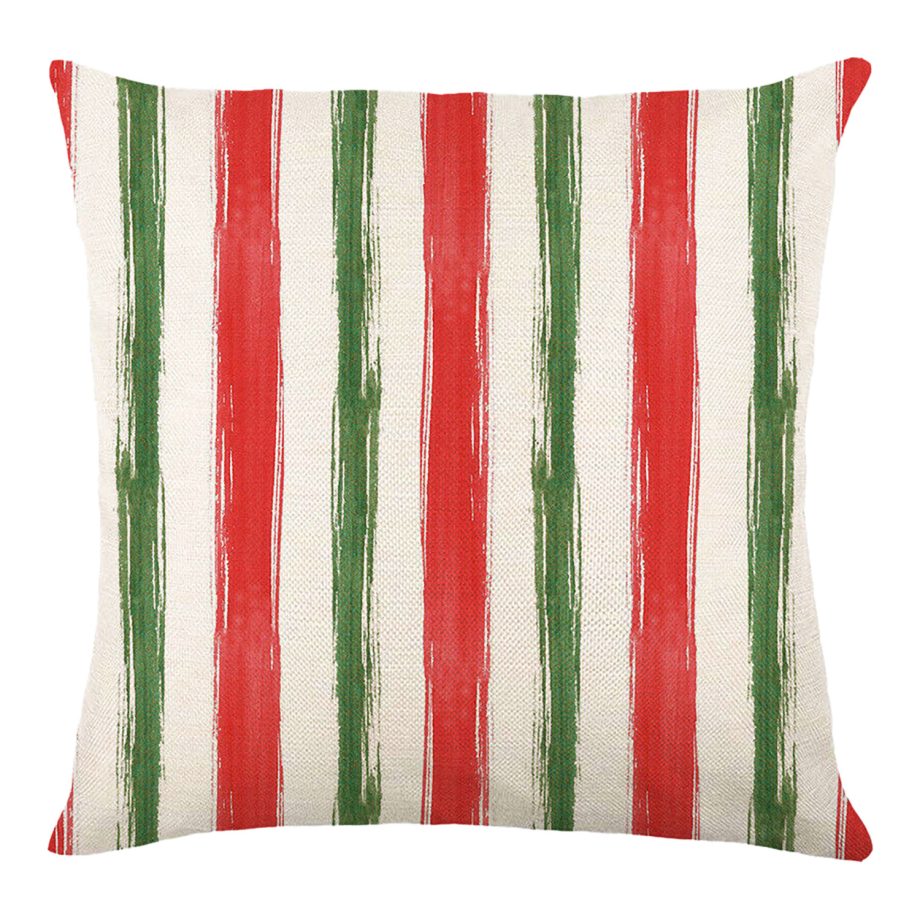 CUSHION DECORATIVE 16"x16" STRIPES PRINT IVORY/RED/GREEN