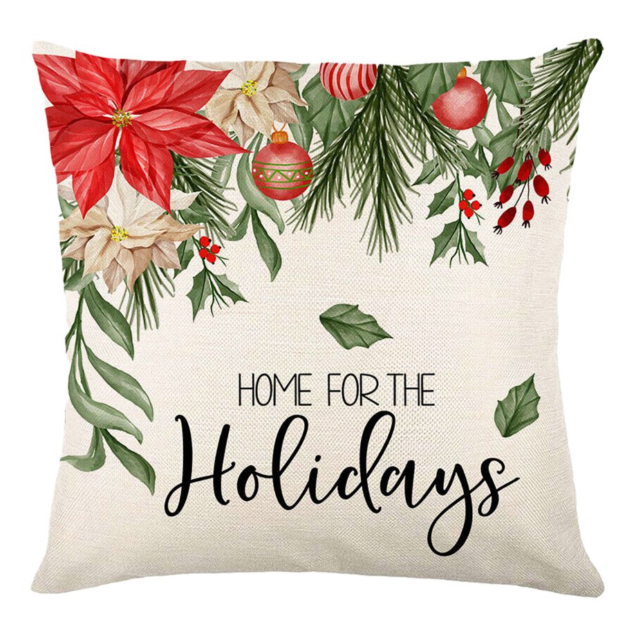 CUSHION DECORATIVE 16"x16" "HOME FOR HOLIDAYS" IVORY/RED/GREEN
