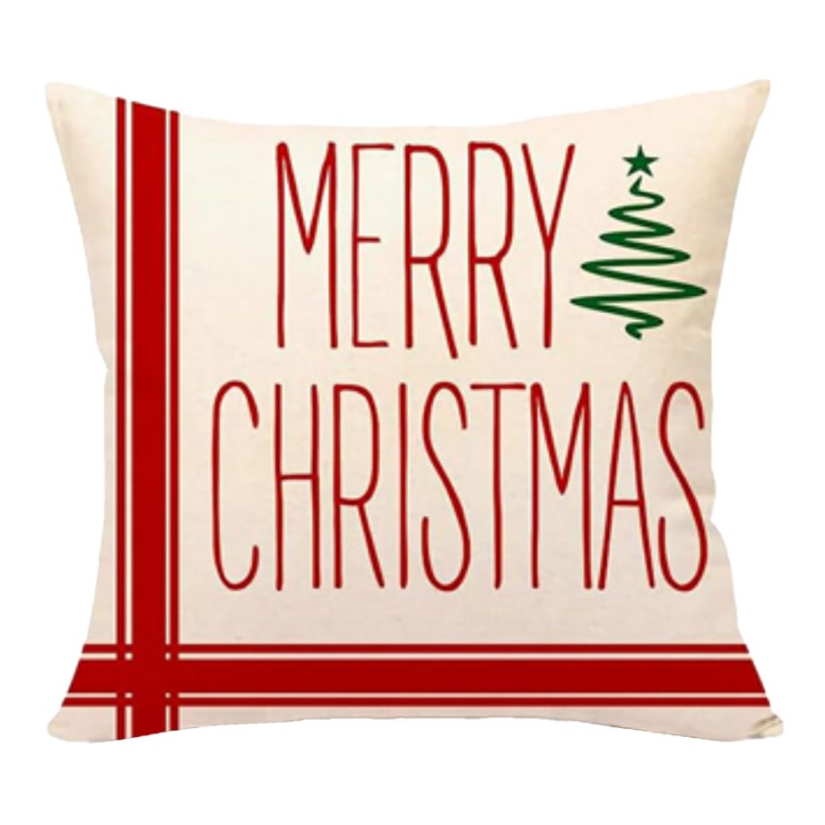 CUSHION DECORATIVE 16"x16" "MERRY CHRISTMAS" IVORY/RED