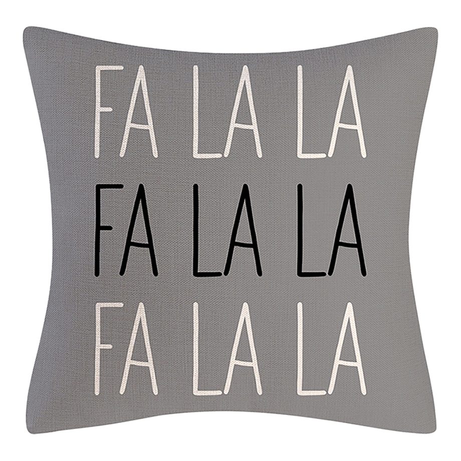 CUSHION DECORATIVE 16"x16" "FA LA LA" GRAY/WHITE/BLACK