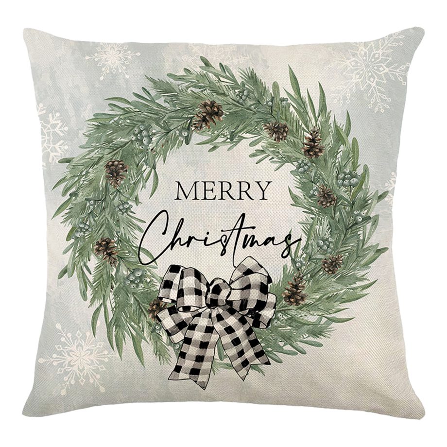 CUSHION DECORATIVE 16"x16" "MERRY CHRISTMAS" IVORY/GREEN/BLACK