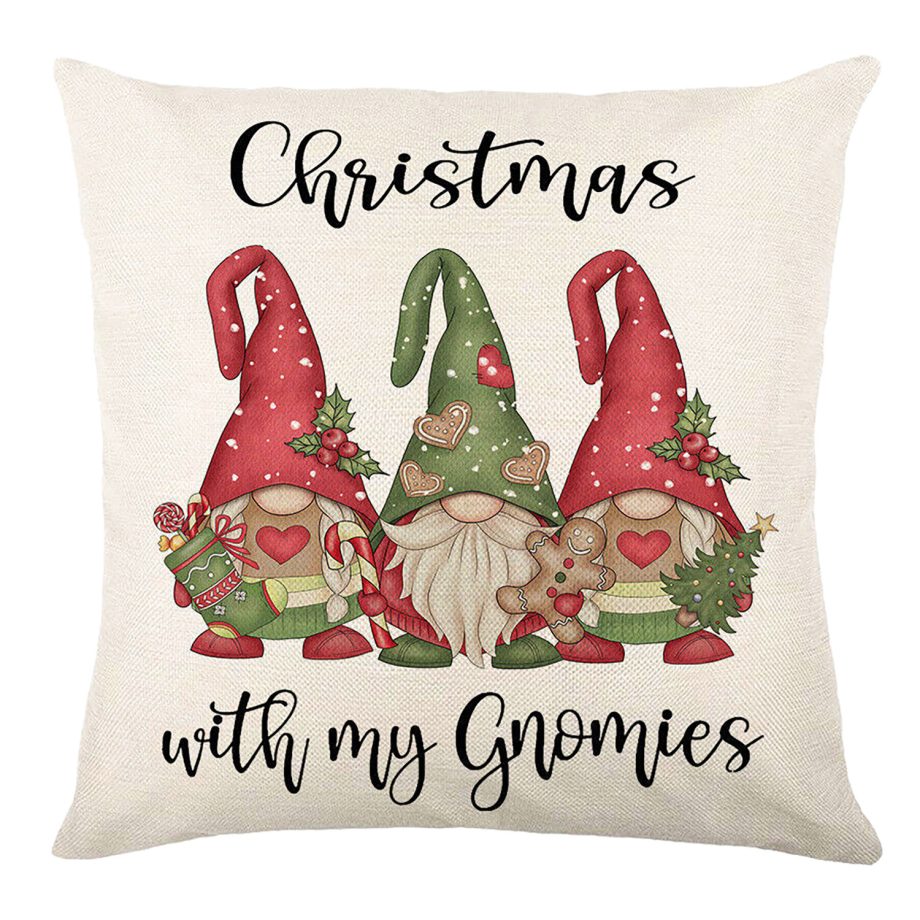 CUSHION DECORATIVE 16"x16" "CHRISTMAS WITH GNOMIES" IVORY RED/GREEN