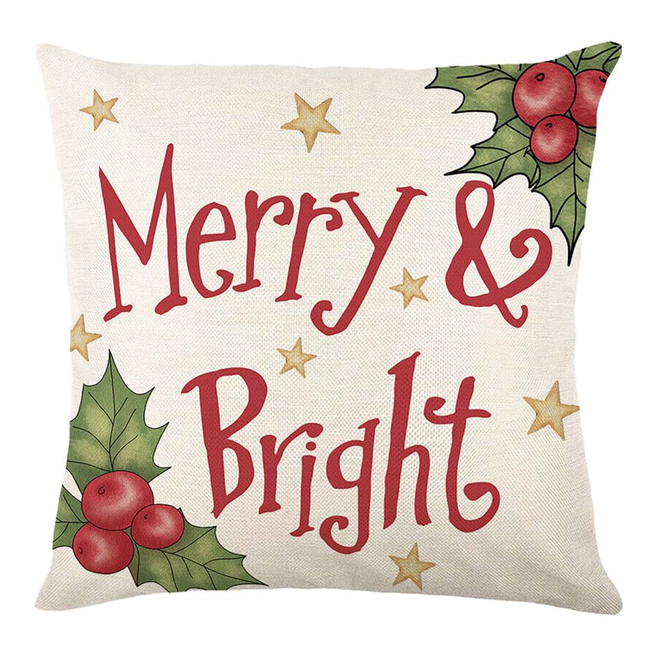 CUSHION DECORATIVE 16"x16" "MERRY & BRIGHT" IVORY/RED/GREEN