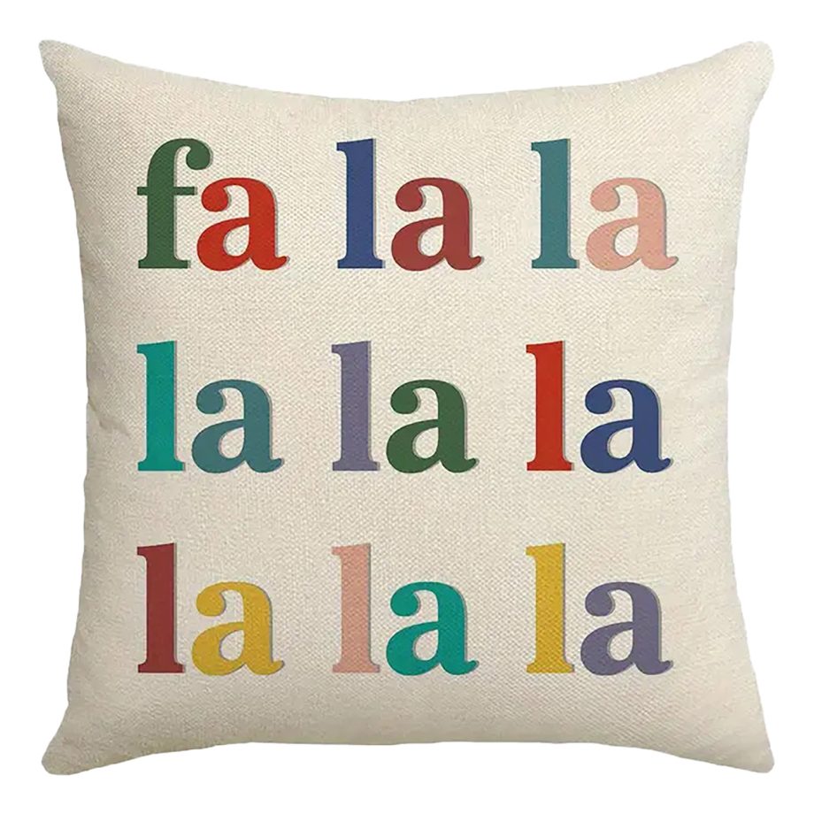 CUSHION DECORATIVE 16"x16" "FA LA LA" IVORY/MULTI