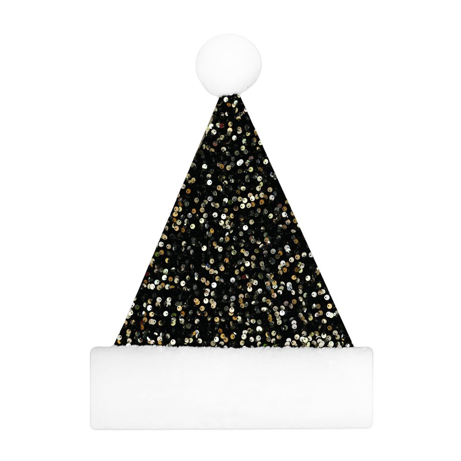 SANTA HAT 15" BLACK/SILVER SEQUINSS W/ FAUX FUR BORDER (SIZE:M)