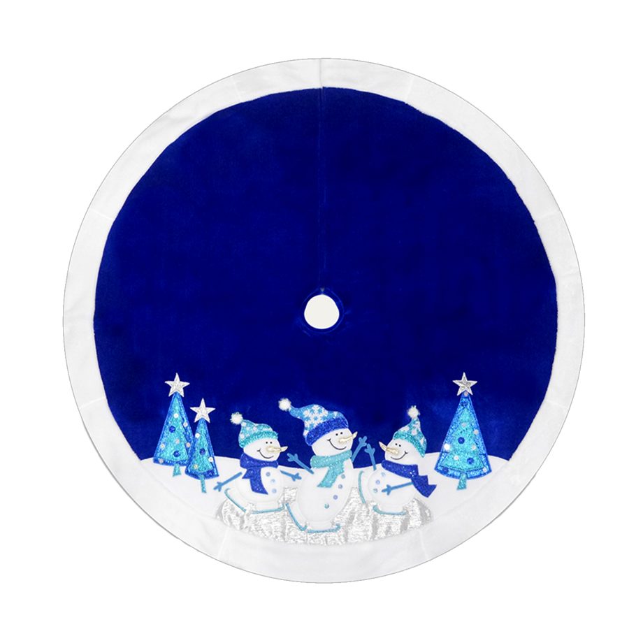 TREE SKIRT 48" BLUE/WHITE VELVET W/ FAUX FUR BORDER, METALLIC EMBROIDERY