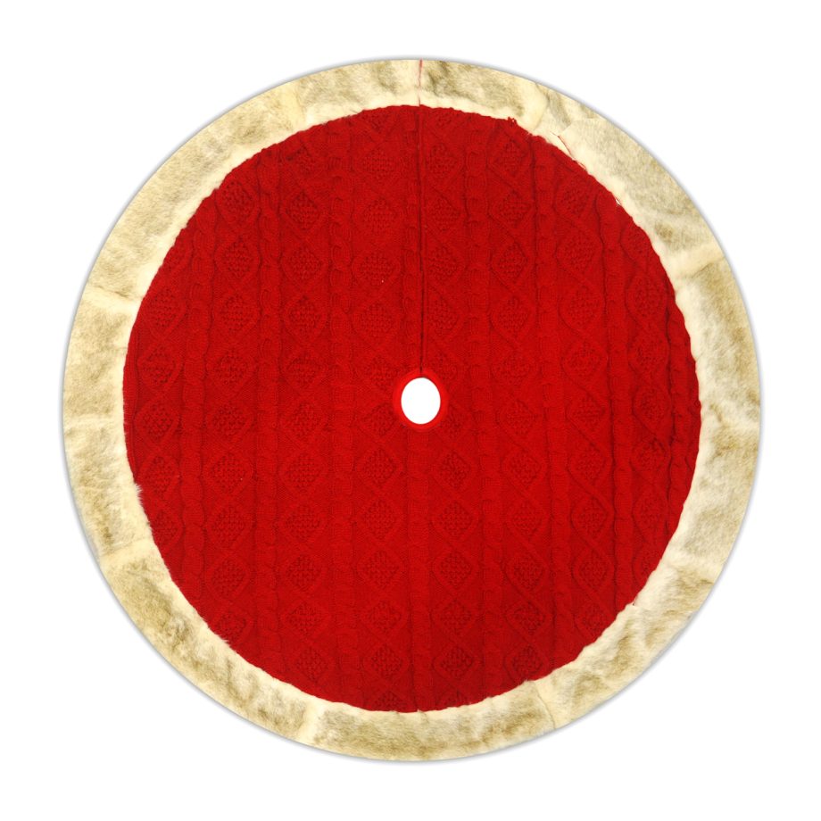 TREE SKIRT 48" RED CABLE KNIT W/ FAUX FUR BORDER