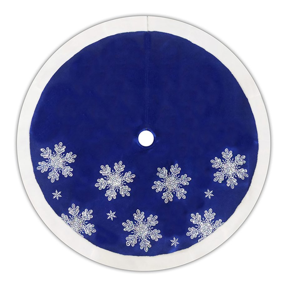 TREE SKIRT 48" BLUE VELVET W/ FAUX FUR BORDER, IRID. SNOWFLAKES SEQUINS EMBROIDERY