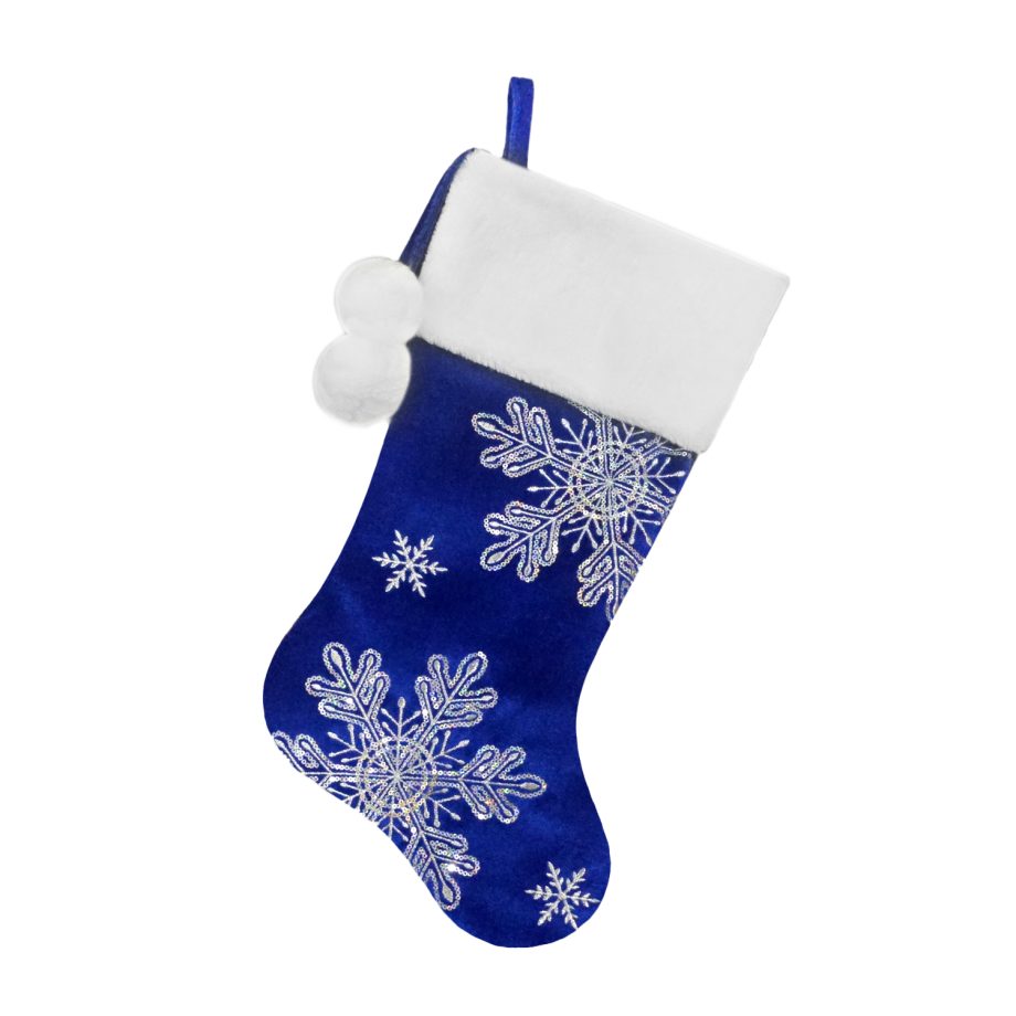 STOCKING 20.5" BLUE VELVET W/ IRID. SNOWFLAKES SEQUINS EMBROIDERY, FAUX FUR CUFF W/ POM POMS