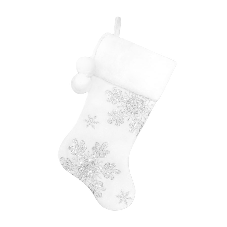 STOCKING 20.5" WHITE VELVET W/ IRID. SNOWFLAKES SEQUINS EMBROIDERY, FAUX FUR CUFF W/ POM POMS