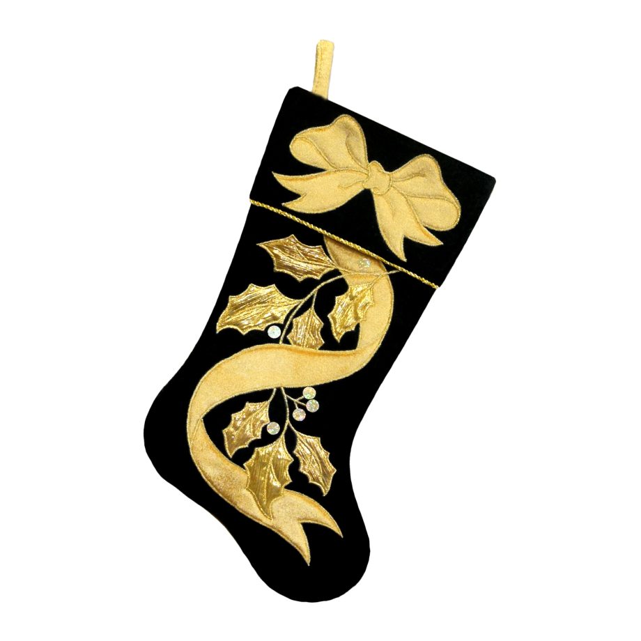 STOCKING 20.5" BLACK/GOLD VELVET W/ METALLIC RIBBON/HOLLY EMBROIDERY, VELVET CUFF
