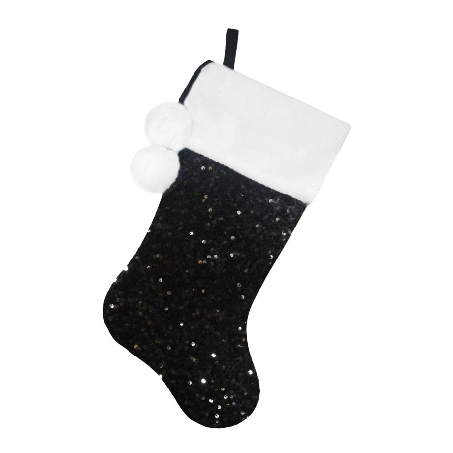 STOCKING 20.5" BLACK SEQUINS W/ FAUX FUR CUFF & POM POMS