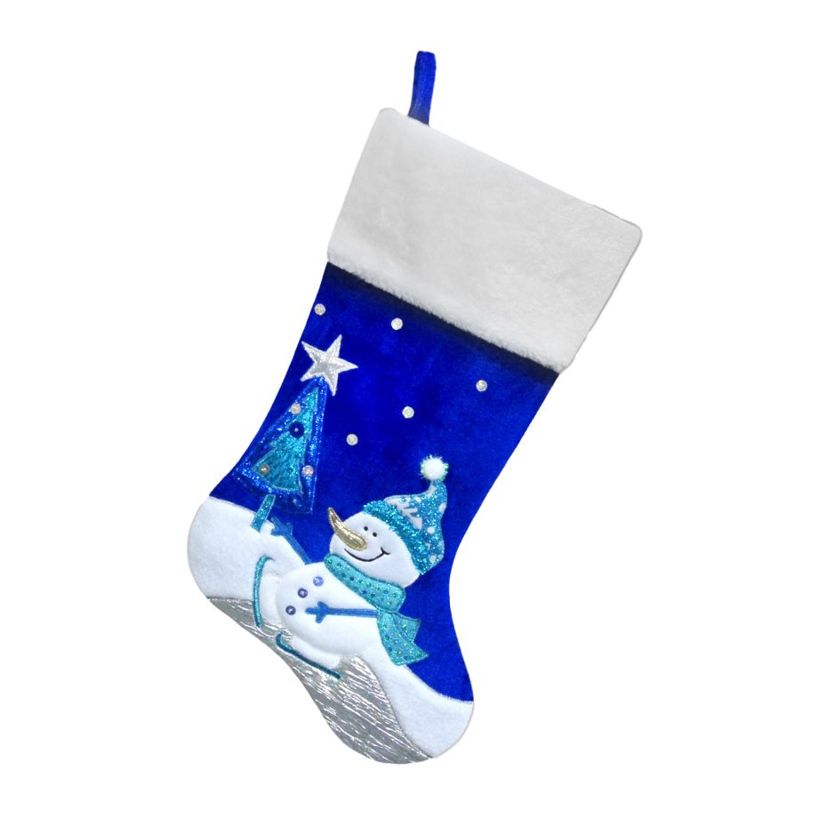 STOCKING 20.5" BLUE/WHITE VELVET W/ FAUX FUR CUFF, METALLIC EMBROIDERY