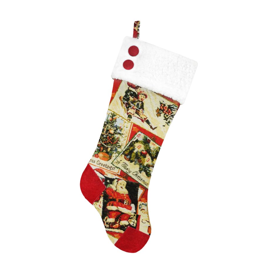 STOCKING 21.5" MULTI PATCHWORK TAPESTRY W/ SHERPA CUFF & BUTTONS
