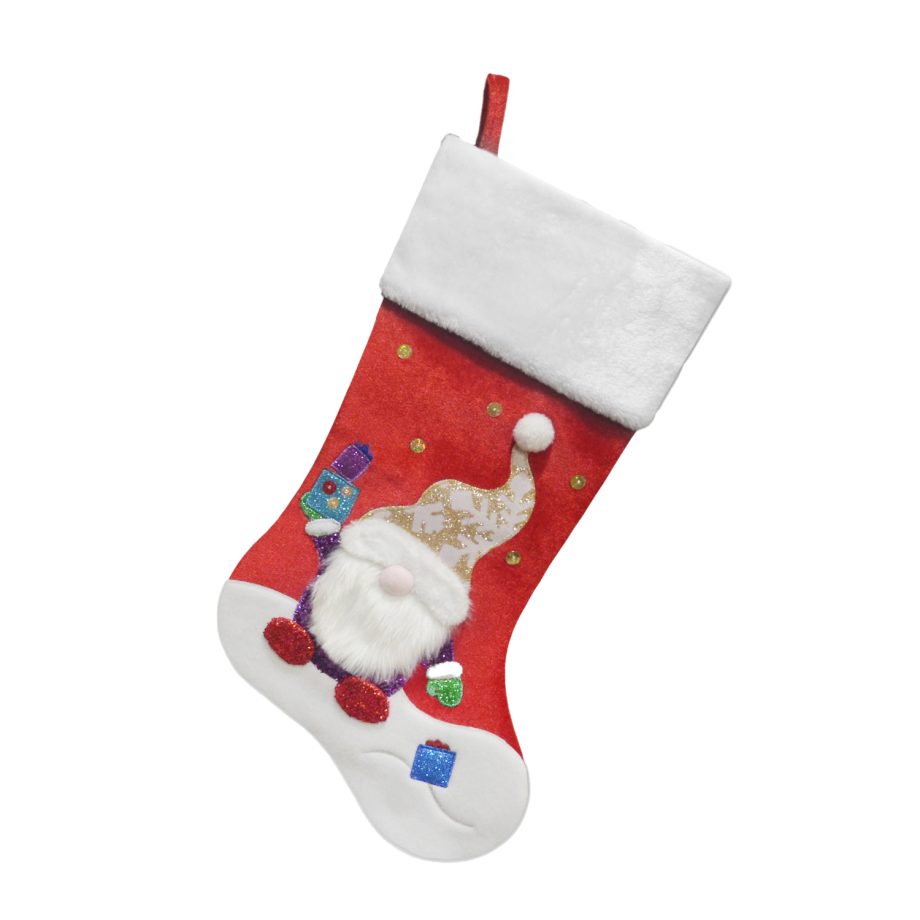 STOCKING 20.5" RED VELVET W/ FAUX FUR CUFF, METALLIC EMBROIDERY GNOME DESIGN