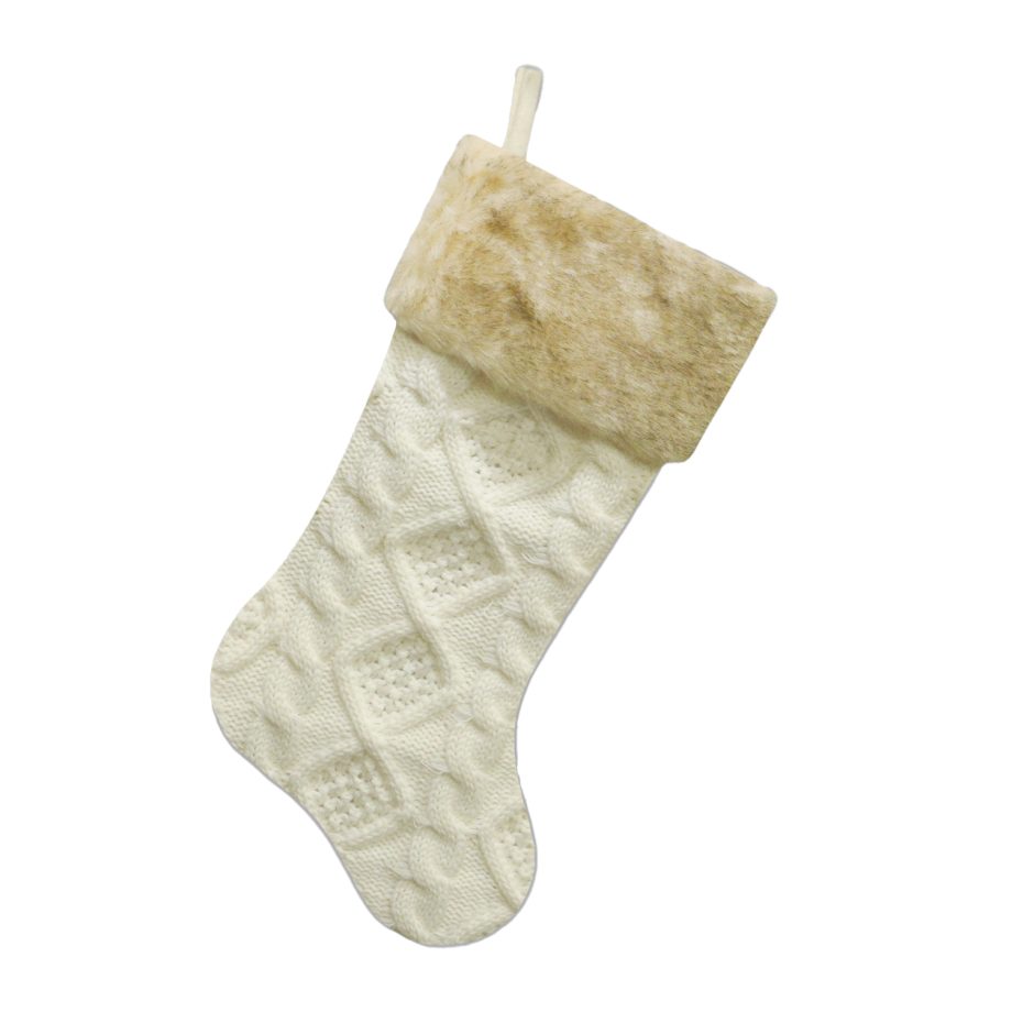 STOCKING 20.5" IVORY CABLE KNIT W/ FAUX FUR CUFF