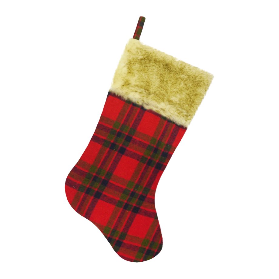 STOCKING 20.5" RED/GREEN PLAID W/ FAUX FUR CUFF