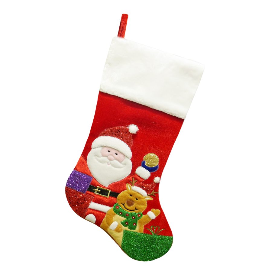 STOCKING 20.5" RED VELVET W/ FAUX FUR CUFF, GLITTER SANTA & REINDEER EMBROIDERY