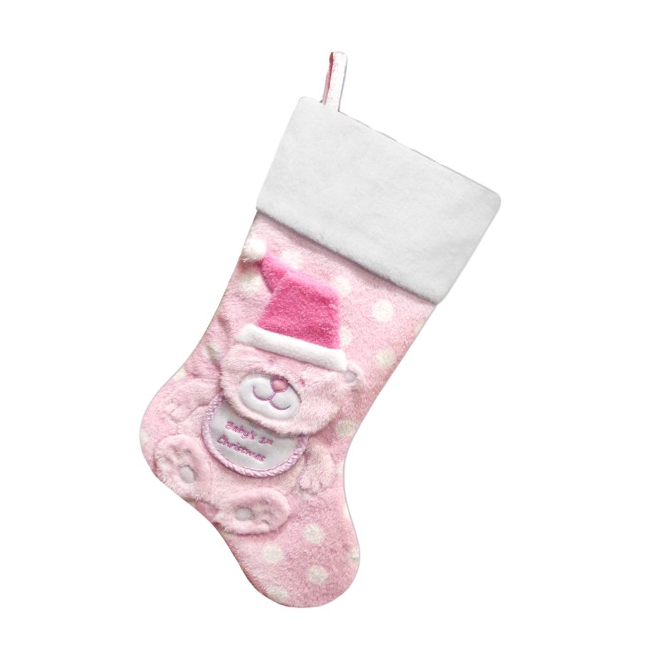 STOCKING 20.5" PINK FAUX FUR, DIMENSIONAL FAUX FUR BEAR DESIGN