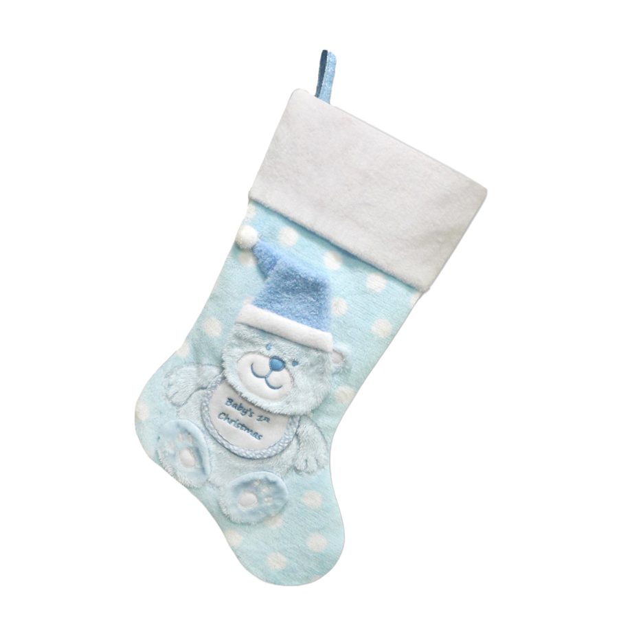 STOCKING 20.5" LT. BLUE FAUX FUR, DIMENSIONAL FAUX FUR BEAR DESIGN