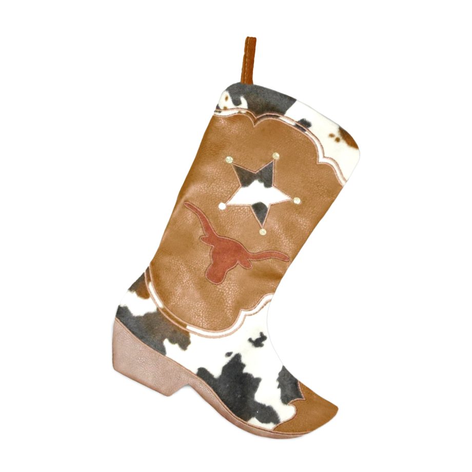 STOCKING 18.5" BROWN IMITATED LEATHER & FAUX FUR W/ EMBROIDERY, COWBOY BOOT DESIGN