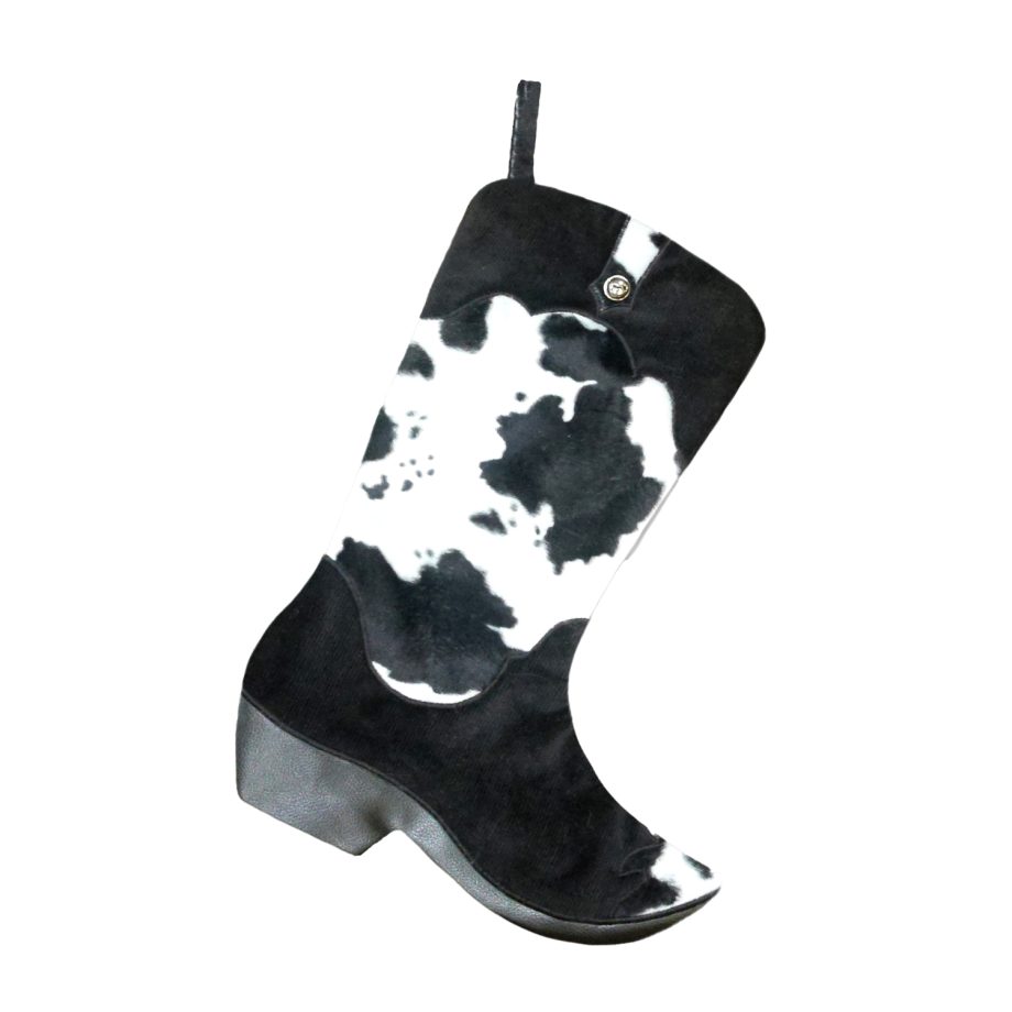 STOCKING 18.5" BLACK FAUX FUR & CORDUROY, COWBOY BOOT DESIGN