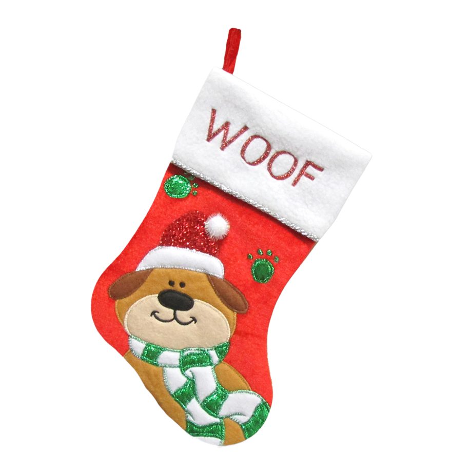 STOCKING 13" RED VELVET W/ METALLIC DOG APPLIQUE, FLEECE CUFF W/ EMBROIDERY & METALLIC CORD